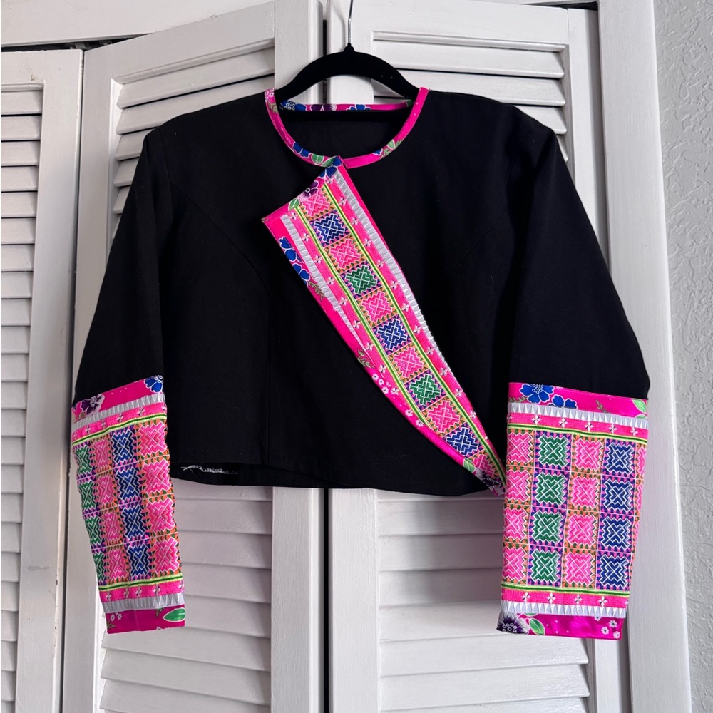 Colorful Hmong Embroidered Cropped Jacket size 38